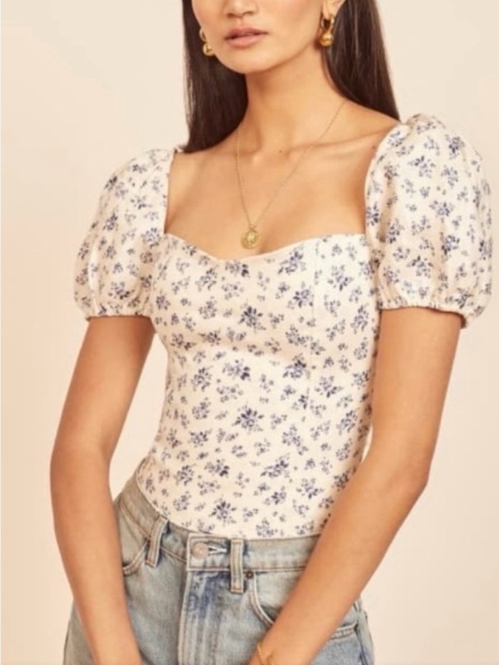 Reformation Cream Sweetheart Puff-Sleeve Crop Top with Blue Floral